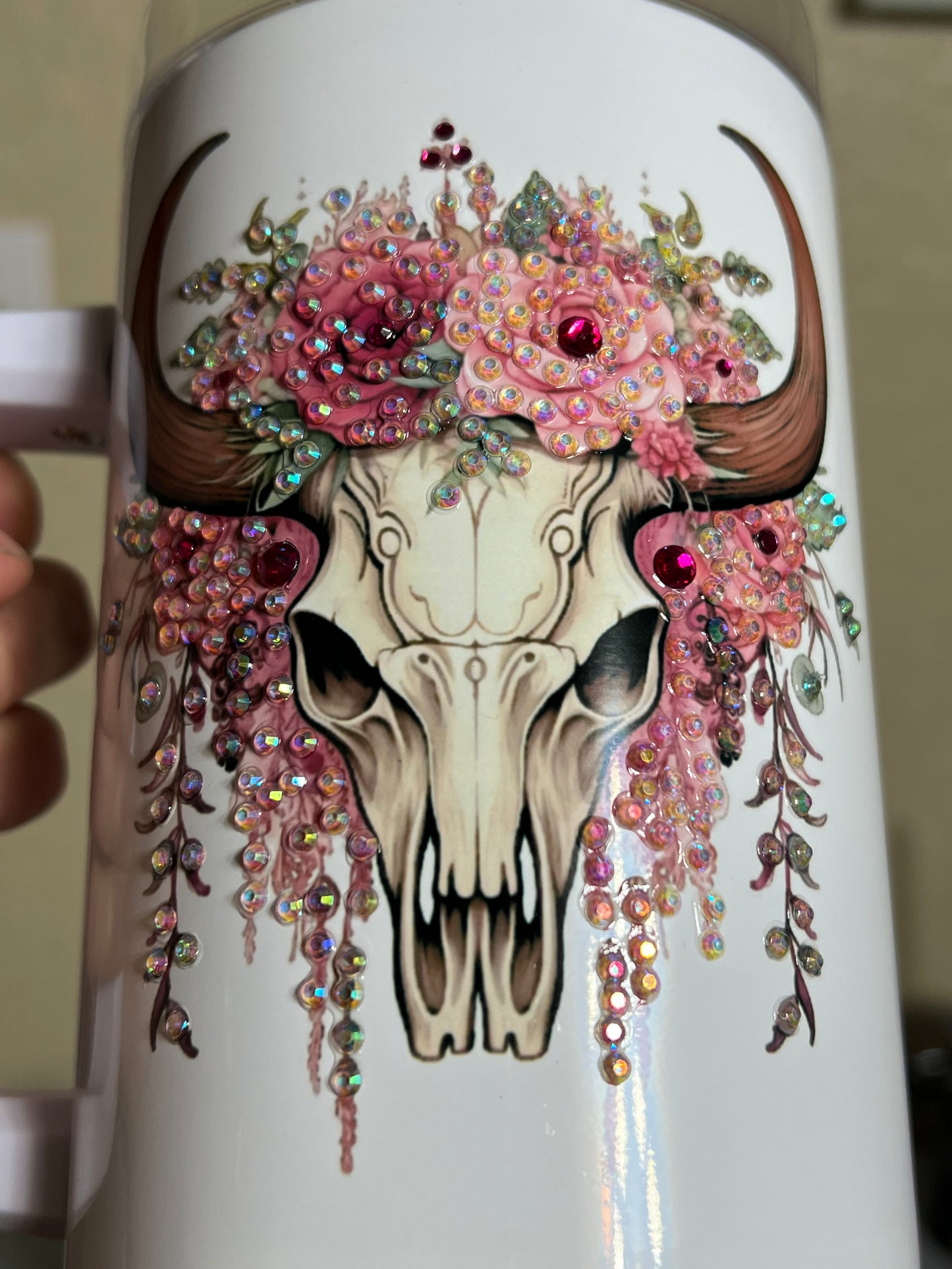 40 oz Boho Bull Skull Rhinestoned-Pretty in Pink