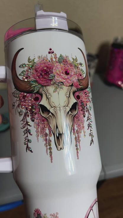 40 oz Boho Bull Skull Rhinestoned-Pretty in Pink